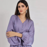 Shiny Mauve Silk Dress with Wide Sleeves