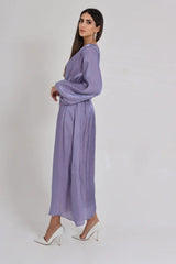 Shiny Mauve Silk Dress with Wide Sleeves