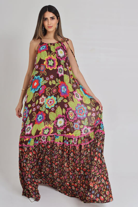 Floral Brown Chiffon Dress
