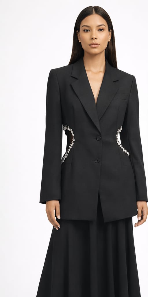 Luxury Black Blazer with Metallic Leaf Trim Side Cut-Out