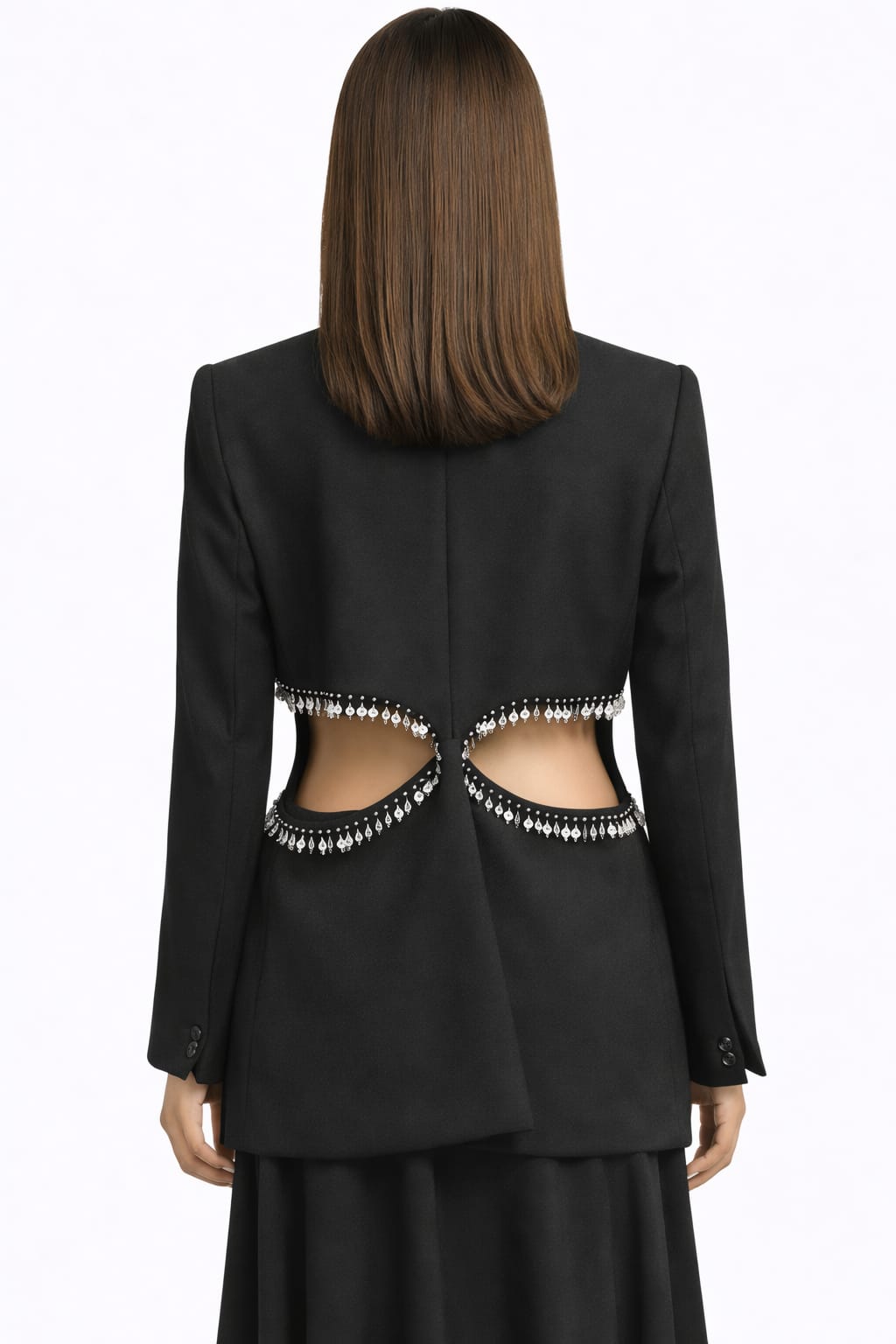 Luxury Black Blazer with Metallic Leaf Trim Side Cut-Out