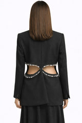Luxury Black Blazer with Metallic Leaf Trim Side Cut-Out