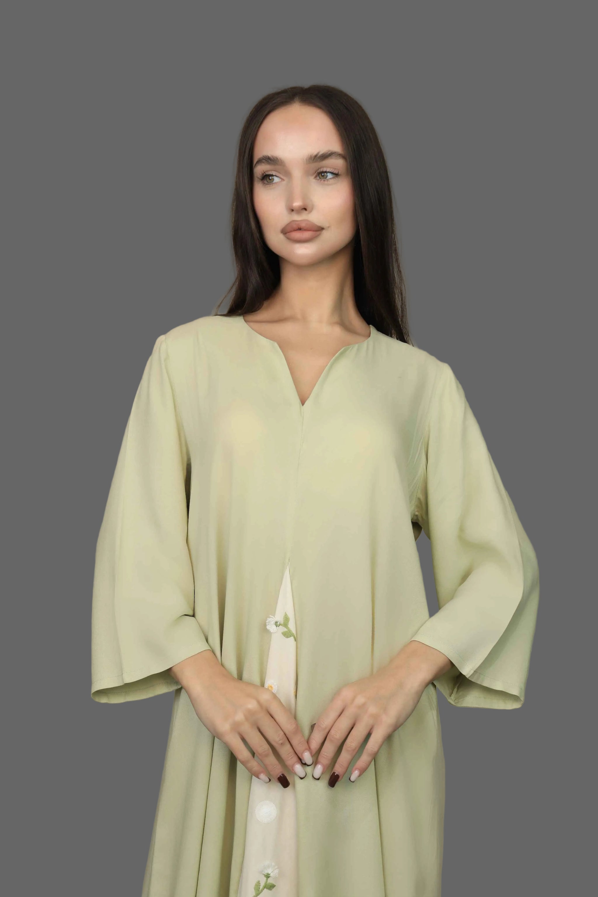 ثوب نسائي  قطن أخضر سادة مع طبقة مشجرة ناعمة