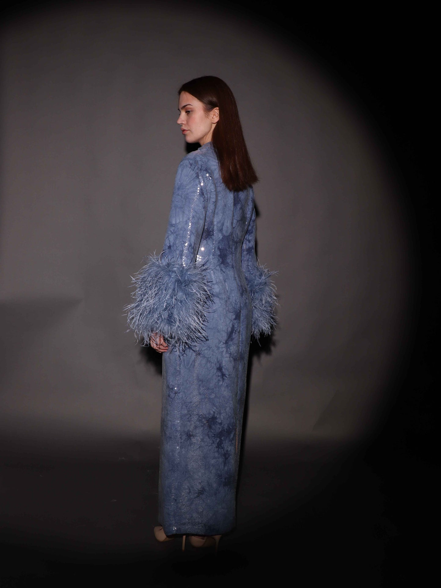 فستان أزرق لامع بأكمام ريش فاخرة