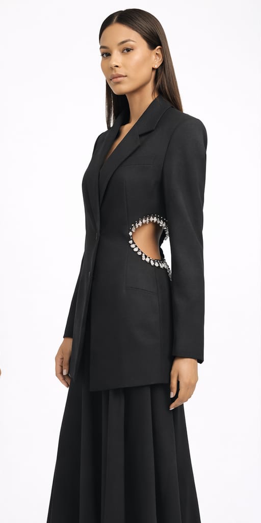 Luxury Black Blazer with Metallic Leaf Trim Side Cut-Out