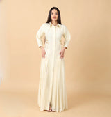 فستان بيج أنثوي فاخر بخامة البشت الرجالي والقصب الأصيل